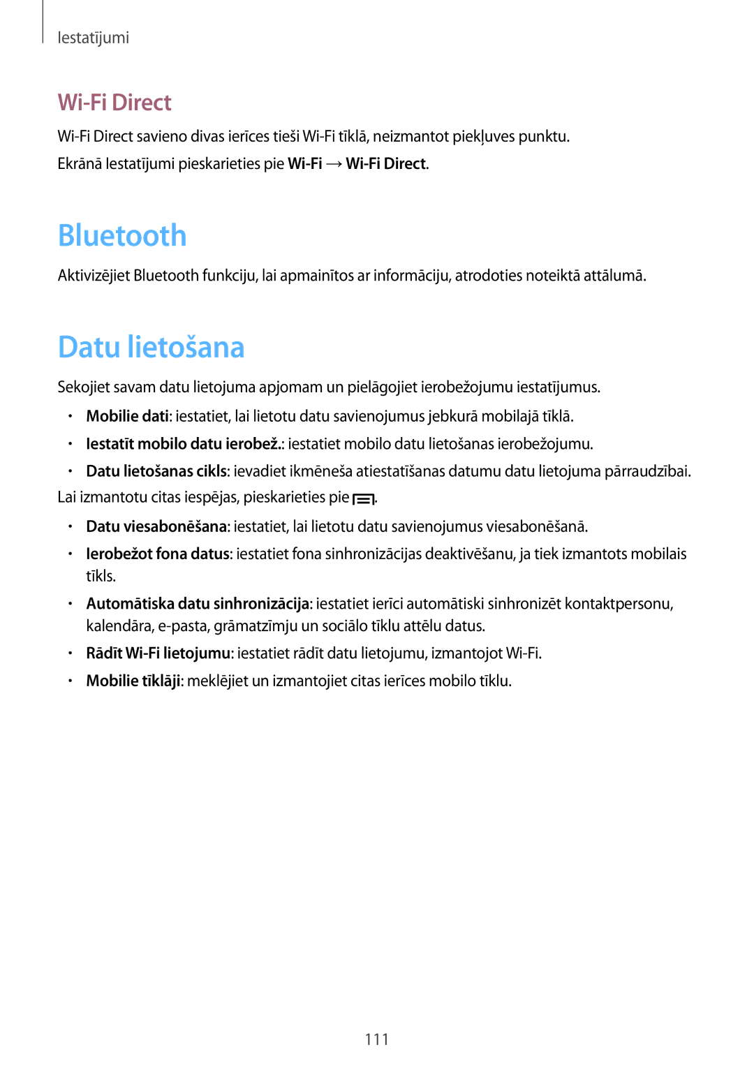 Samsung GT-N5100NKASEB, GT-N5100ZWASEB manual Datu lietošana, Wi-Fi Direct 