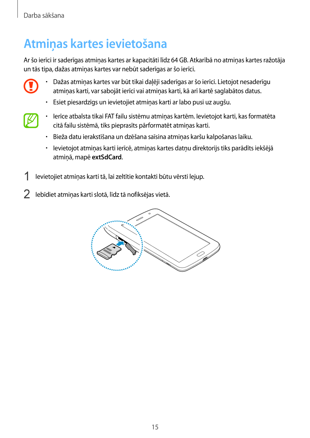 Samsung GT-N5100NKASEB, GT-N5100ZWASEB manual Atmiņas kartes ievietošana 