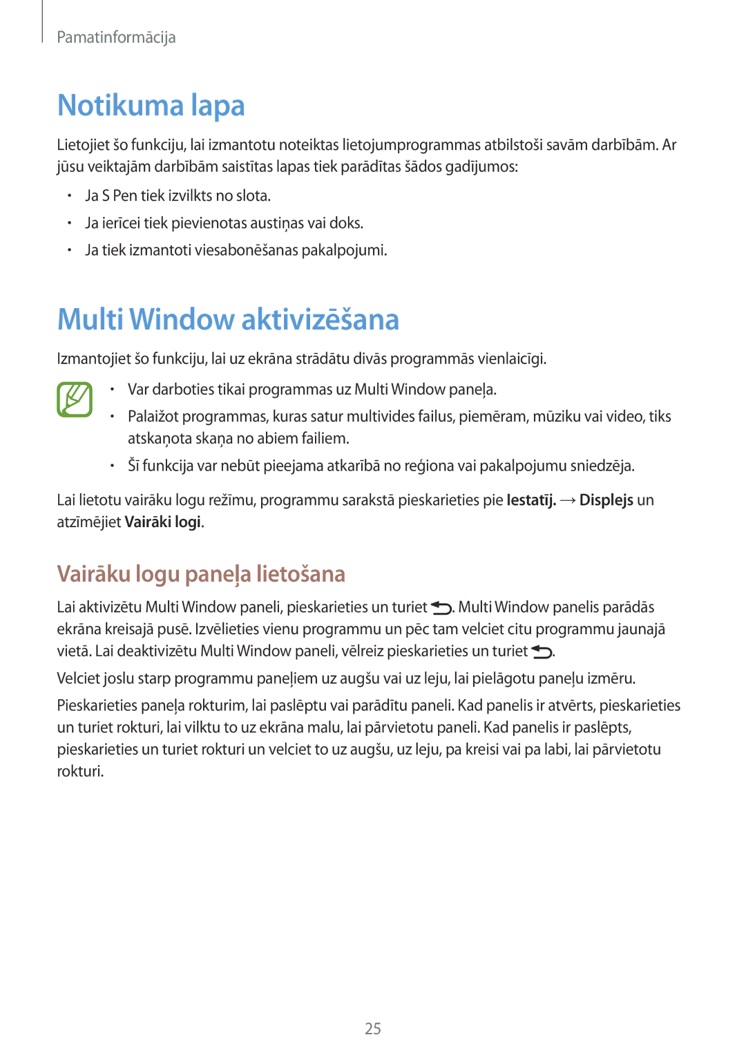 Samsung GT-N5100NKASEB, GT-N5100ZWASEB manual Notikuma lapa, Multi Window aktivizēšana, Vairāku logu paneļa lietošana 