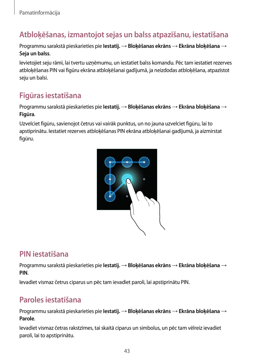 Samsung GT-N5100NKASEB, GT-N5100ZWASEB manual Figūras iestatīšana, PIN iestatīšana, Paroles iestatīšana 
