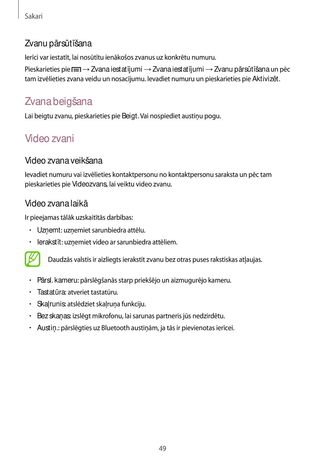 Samsung GT-N5100NKASEB manual Zvana beigšana, Video zvani, Zvanu pārsūtīšana, Video zvana veikšana, Video zvana laikā 
