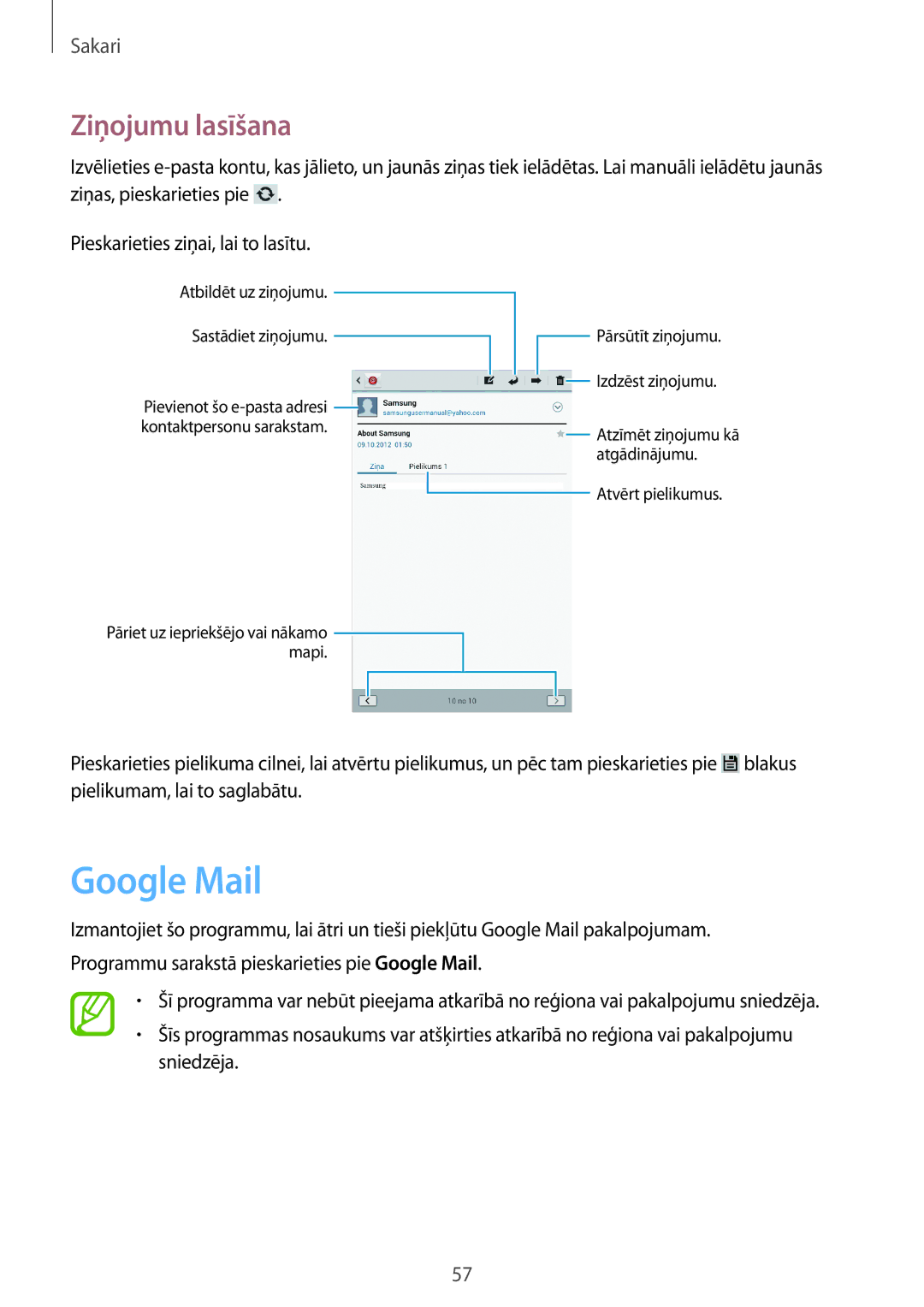 Samsung GT-N5100NKASEB, GT-N5100ZWASEB manual Google Mail, Ziņojumu lasīšana 