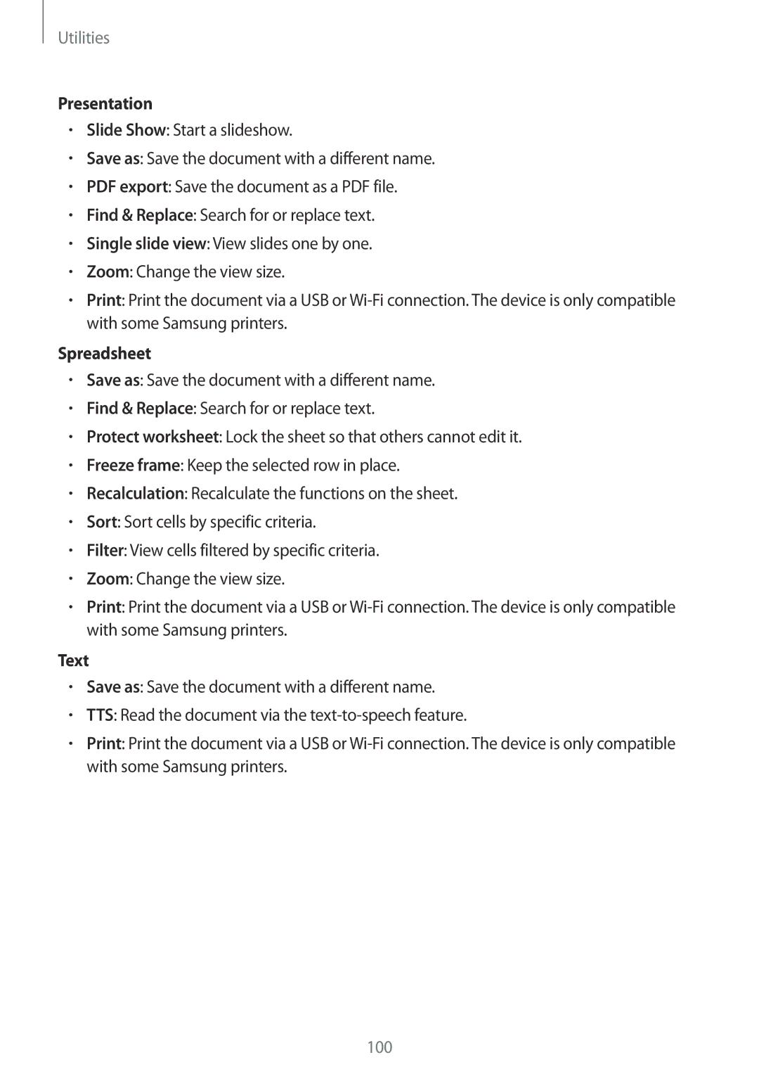 Samsung GT-N5100ZWAXEO, GT-N5100ZWAXEF, GT-N5100ZWATIM, GT-N5100ZWAITV, GT-N5100NKAPHE manual Presentation, Spreadsheet, Text 