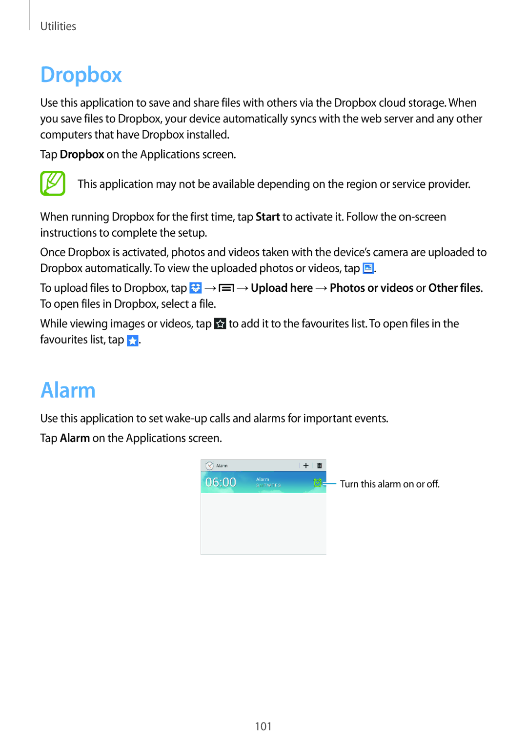 Samsung GT-N5100ZWATIM, GT-N5100ZWAXEF, GT-N5100ZWAXEO, GT-N5100ZWAITV, GT-N5100NKAPHE, GT-N5100ZWADBT manual Dropbox, Alarm 