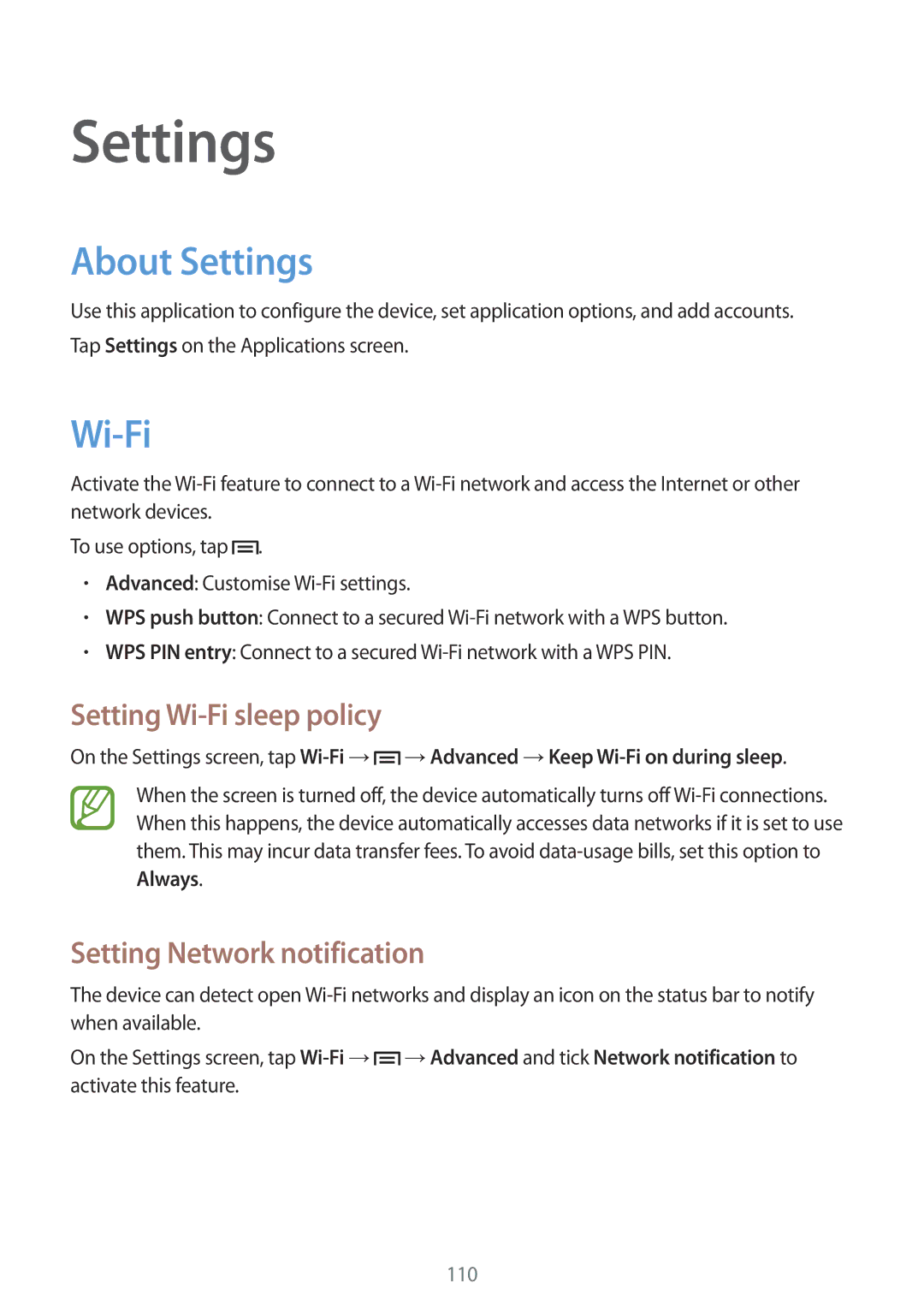 Samsung GT-N5100NKABGL, GT-N5100ZWAXEF About Settings, Setting Wi-Fi sleep policy, Setting Network notification 