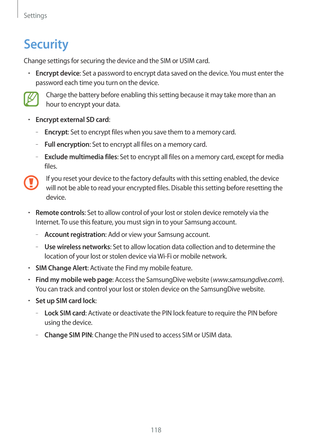 Samsung GT-N5100NKASEB, GT-N5100ZWAXEF, GT-N5100ZWAXEO manual Security, Encrypt external SD card, Set up SIM card lock 
