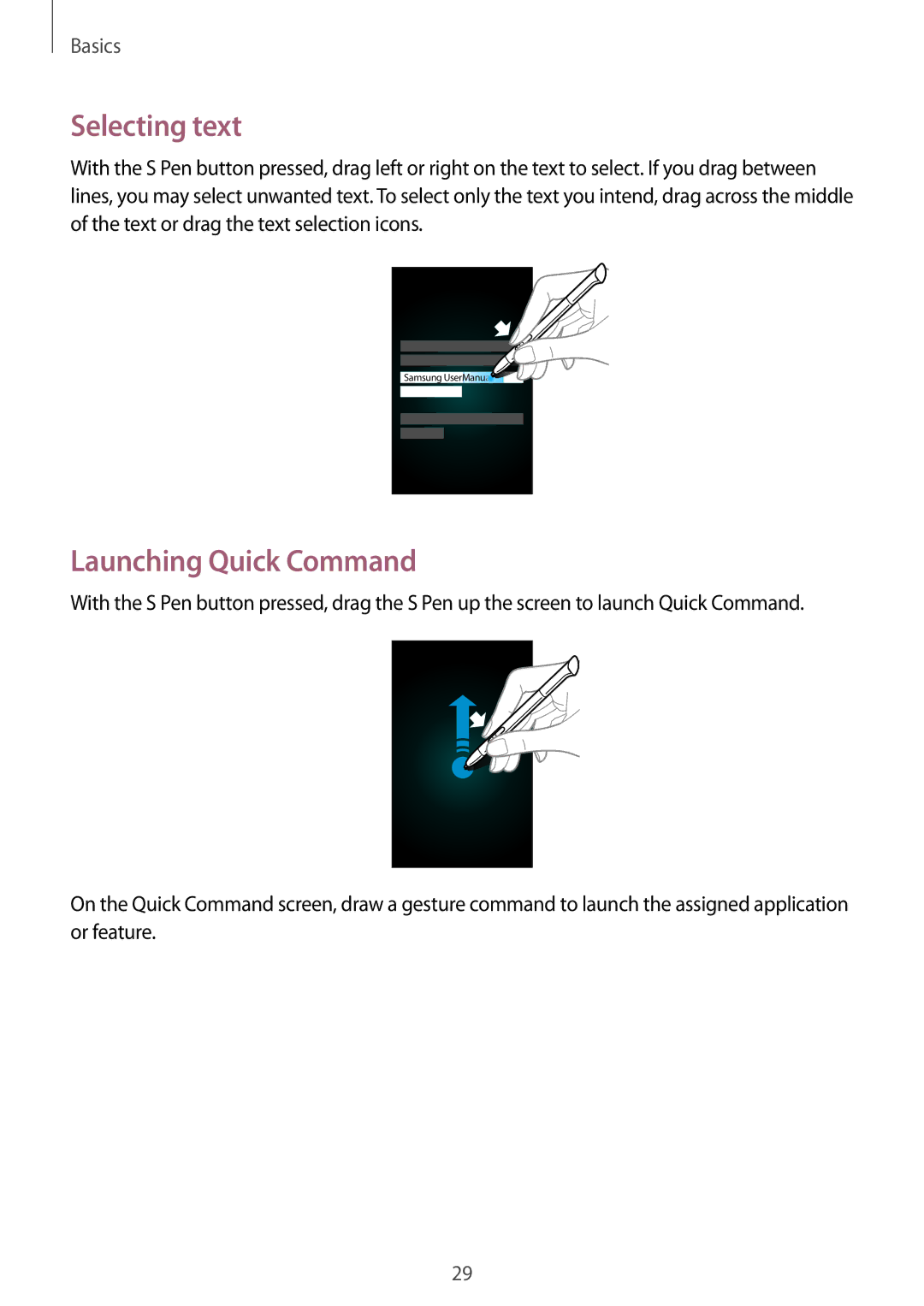 Samsung GT-N5100MKASER, GT-N5100ZWAXEF, GT-N5100ZWAXEO, GT-N5100ZWATIM manual Selecting text, Launching Quick Command 