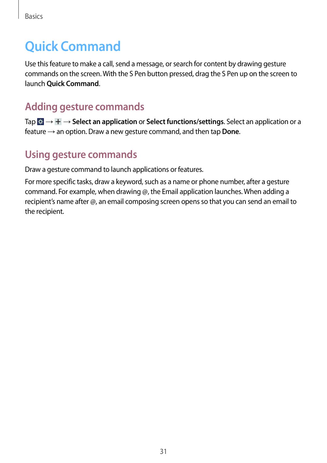 Samsung GT-N5100ZWASER, GT-N5100ZWAXEF, GT-N5100ZWAXEO manual Quick Command, Adding gesture commands, Using gesture commands 
