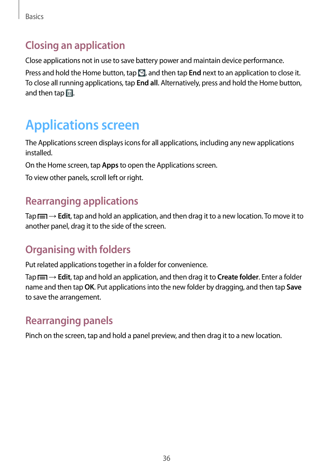 Samsung GT-N5100ZWAITV Applications screen, Closing an application, Rearranging applications, Organising with folders 