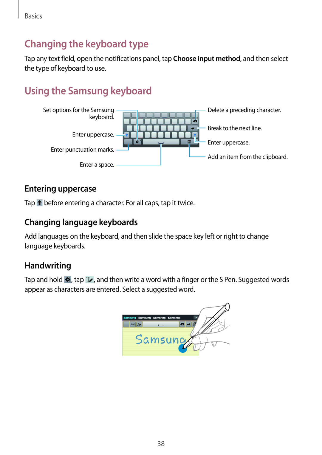 Samsung GT-N5100ZWADBT manual Changing the keyboard type, Using the Samsung keyboard, Entering uppercase, Handwriting 