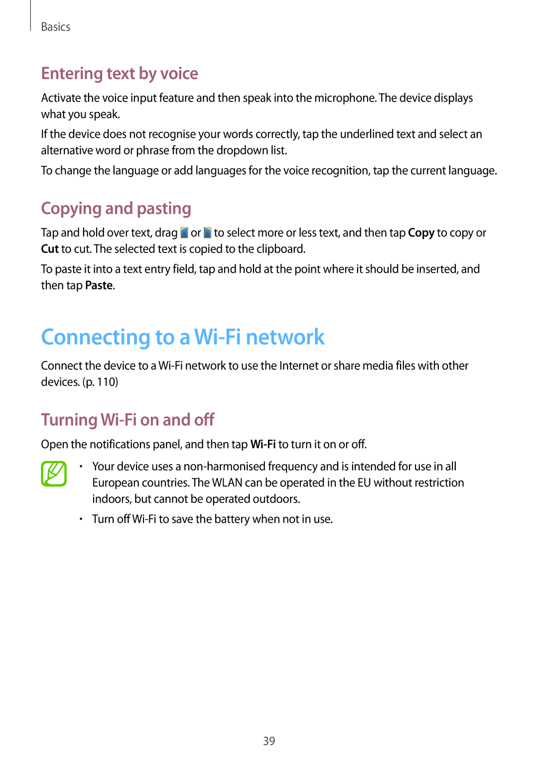 Samsung GT-N5100ZWAPHE, GT-N5100ZWAXEF manual Connecting to a Wi-Fi network, Entering text by voice, Copying and pasting 