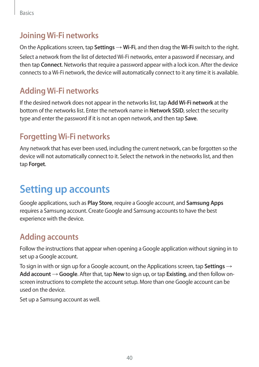 Samsung GT-N5100NKAXEC manual Setting up accounts, Joining Wi-Fi networks, Adding Wi-Fi networks, Forgetting Wi-Fi networks 