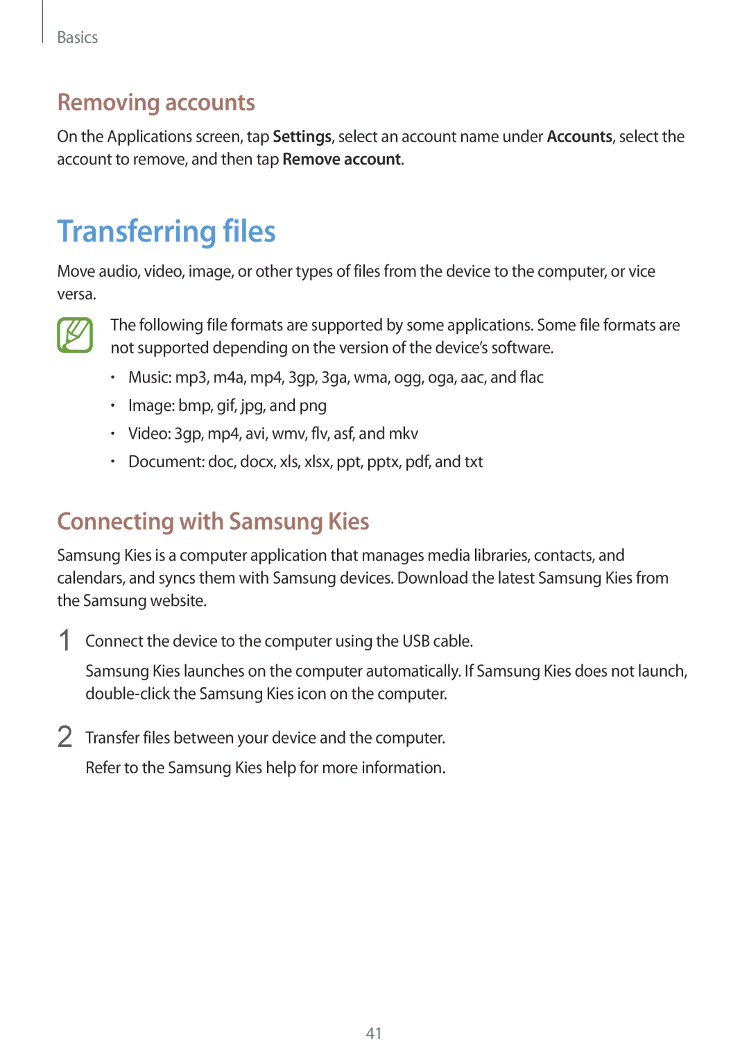 Samsung GT-N5100NKAKSA, GT-N5100ZWAXEF, GT-N5100ZWAXEO Transferring files, Removing accounts, Connecting with Samsung Kies 