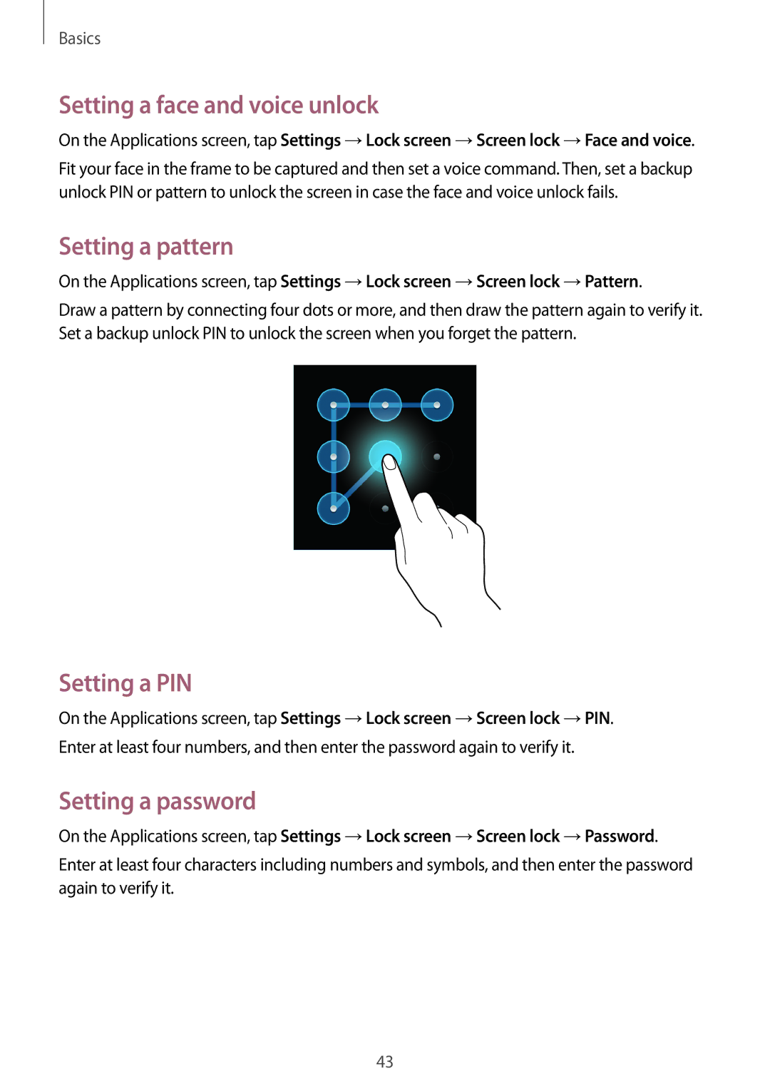 Samsung GT-N5100ZWAXXV manual Setting a face and voice unlock, Setting a pattern, Setting a PIN, Setting a password 