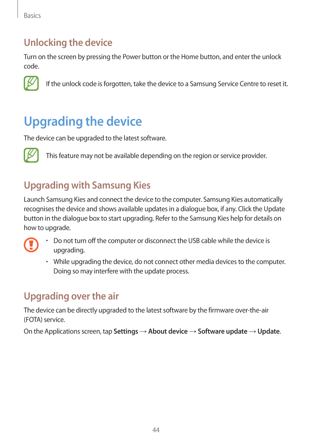 Samsung GT-N5100NKABGL Upgrading the device, Unlocking the device, Upgrading with Samsung Kies, Upgrading over the air 