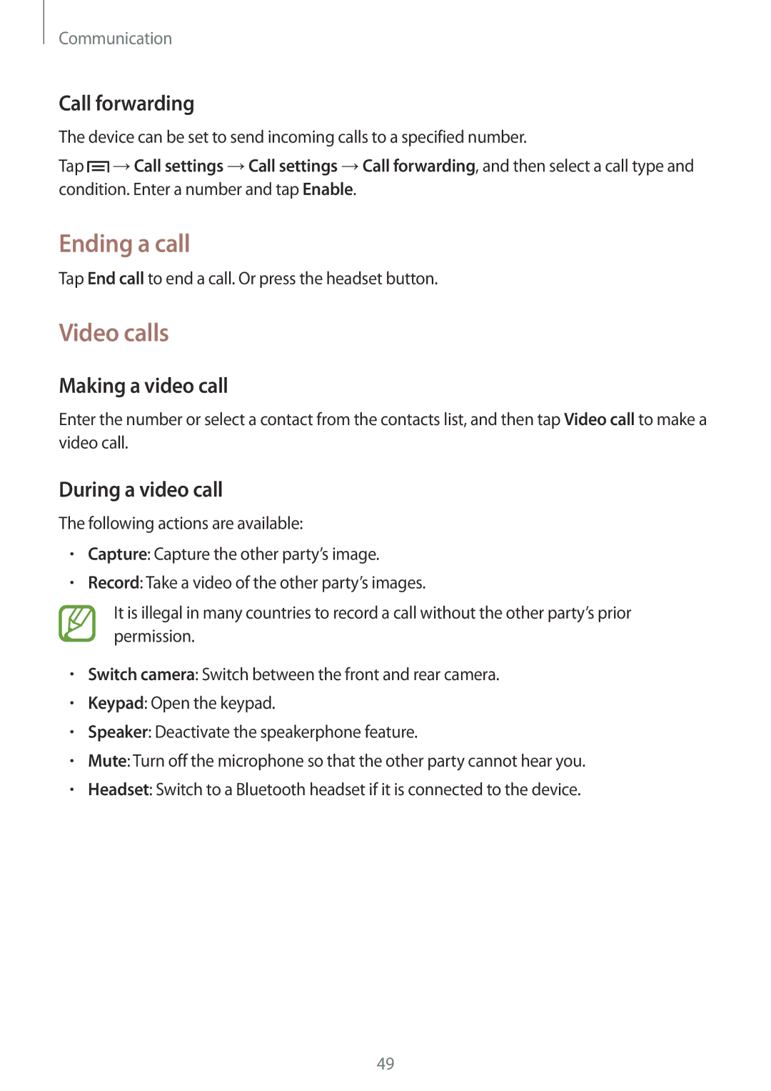 Samsung GT-N5100ZWAXEZ manual Ending a call, Video calls, Call forwarding, Making a video call, During a video call 