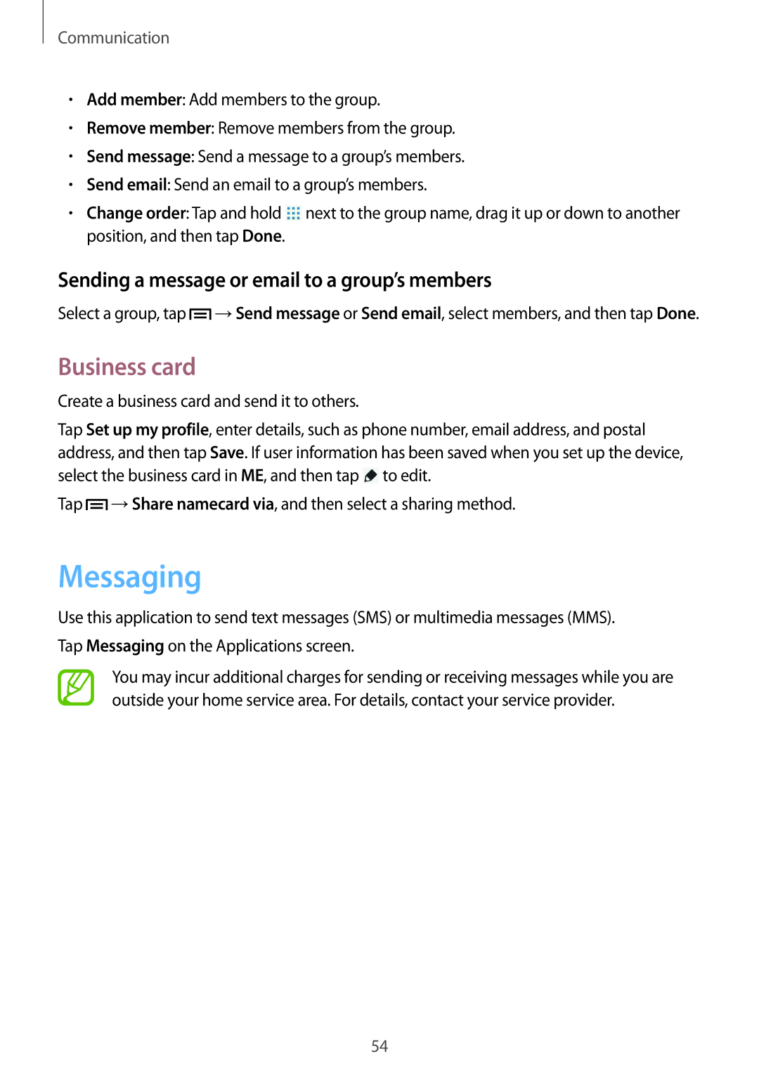 Samsung GT-N5100ZWACYV, GT-N5100ZWAXEF manual Messaging, Business card, Sending a message or email to a group’s members 