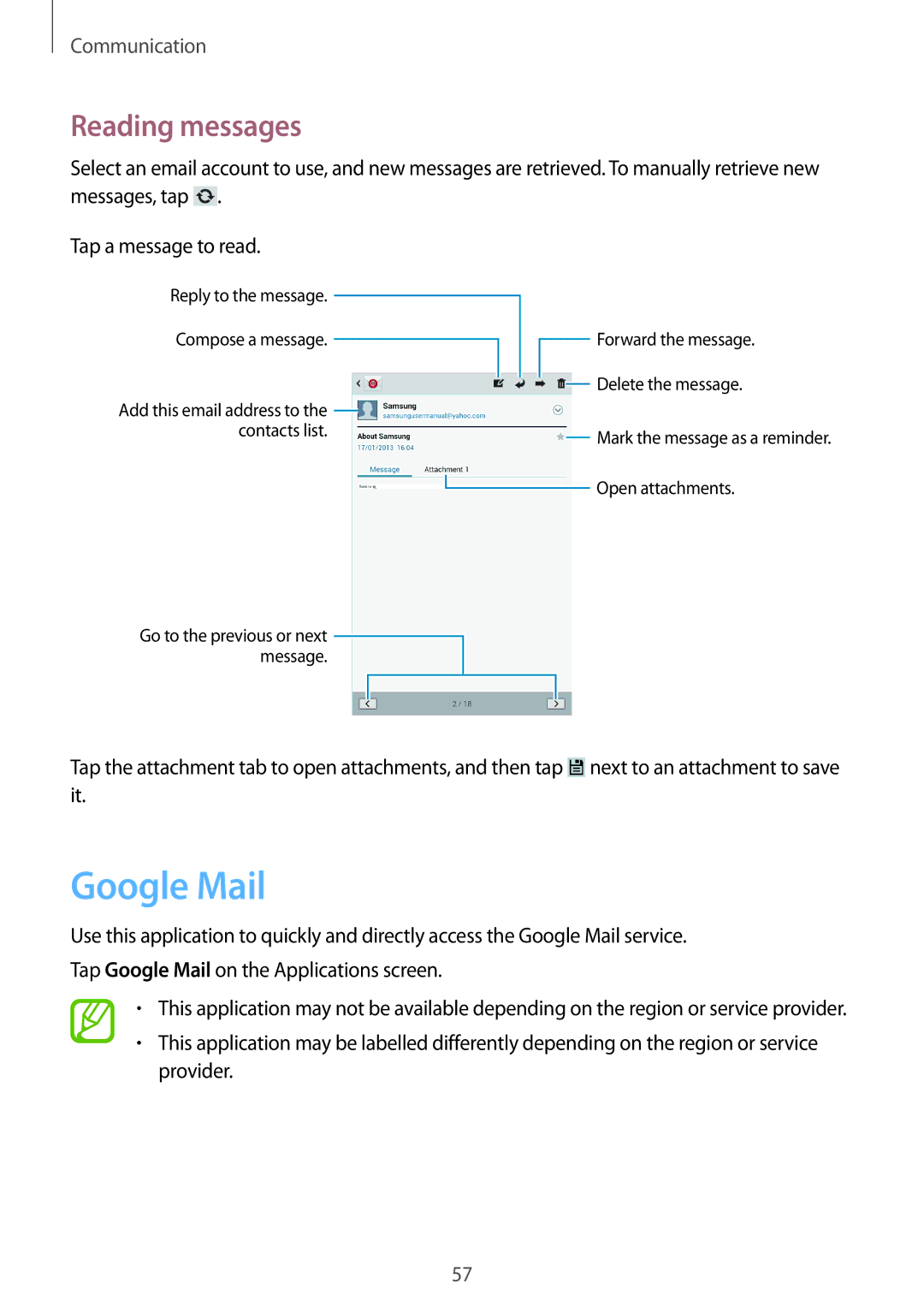 Samsung GT-N5100ZWAXEH, GT-N5100ZWAXEF, GT-N5100ZWAXEO, GT-N5100ZWATIM, GT-N5100ZWAITV manual Google Mail, Reading messages 