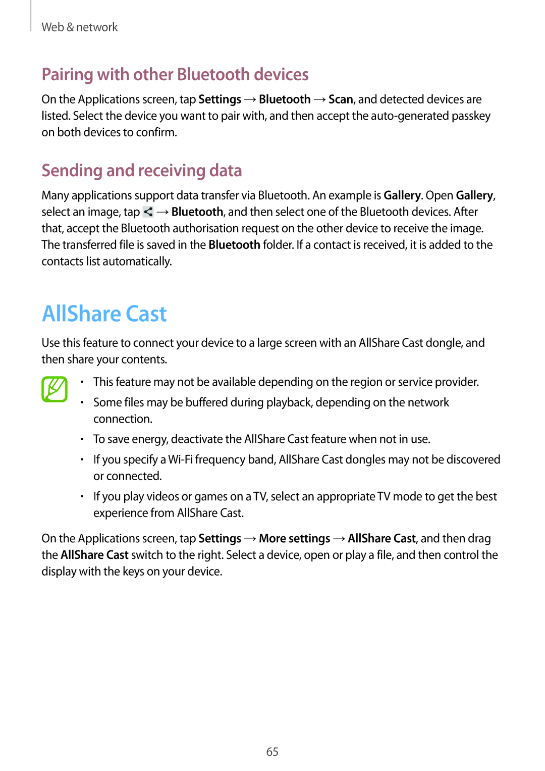 Samsung GT-N5100NKAMGF, GT-N5100ZWAXEF AllShare Cast, Pairing with other Bluetooth devices, Sending and receiving data 