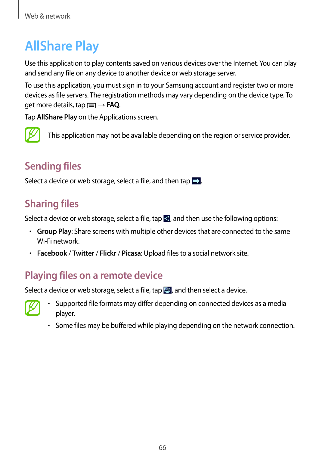 Samsung GT-N5100ZWAXEF, GT-N5100ZWAXEO manual AllShare Play, Sending files, Sharing files, Playing files on a remote device 