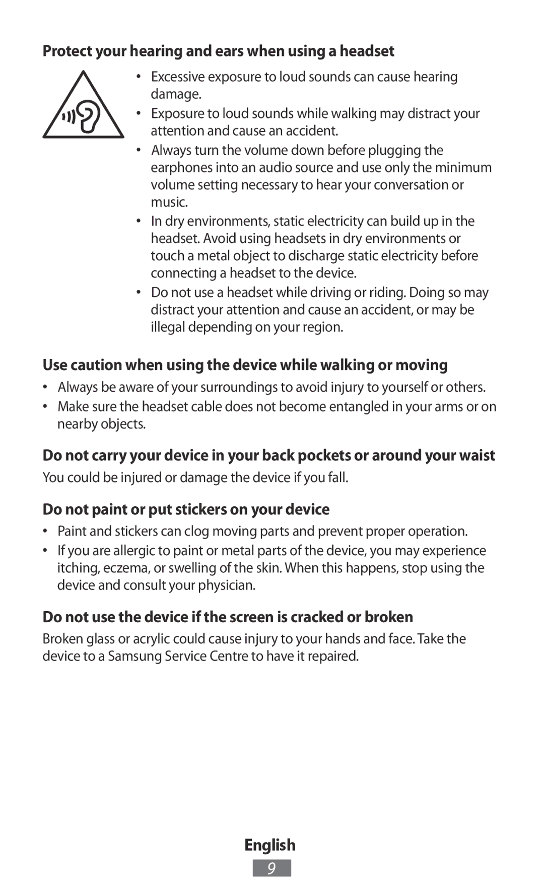 Samsung GT-N5110ZWAPHE Protect your hearing and ears when using a headset, Do not paint or put stickers on your device 