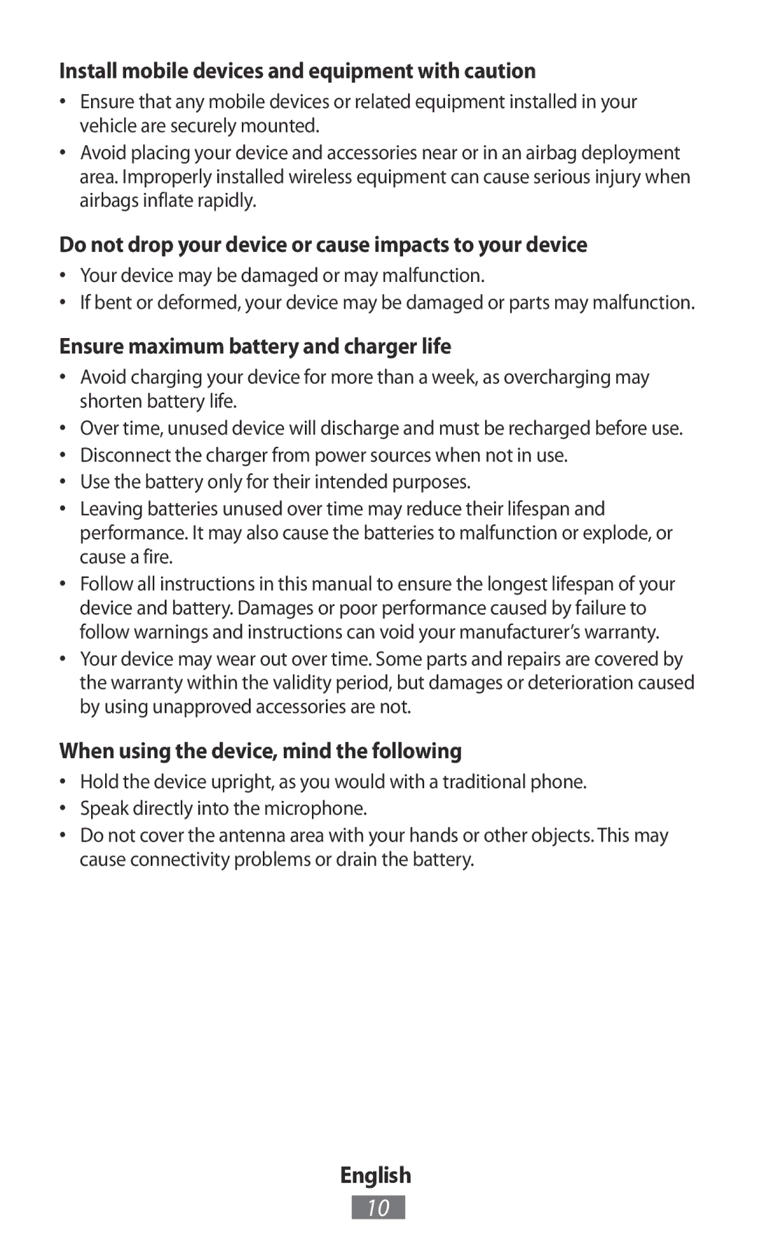 Samsung GT-N5110ZWASEE manual Install mobile devices and equipment with caution, Ensure maximum battery and charger life 