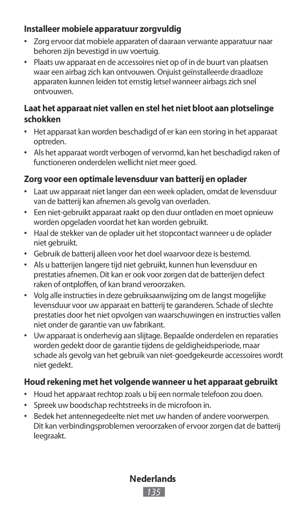 Samsung GT-N5110ZWAXSK, GT-N5100ZWAXEF, GT-N5110ZWEXEF, GT-N5110ZWAXEF manual 135, Installeer mobiele apparatuur zorgvuldig 