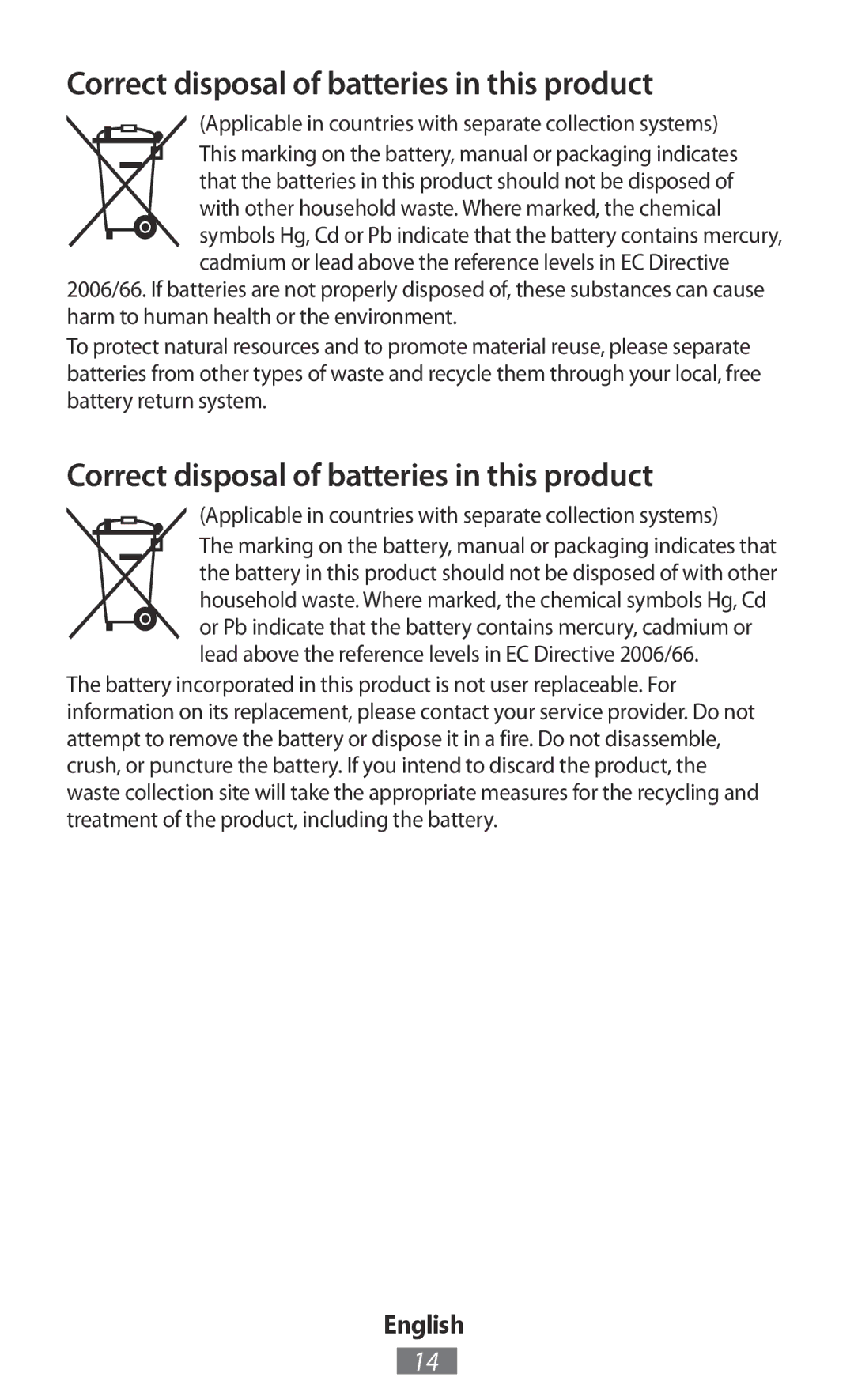 Samsung GT-N5100NKAXEC, GT-N5100ZWAXEF, GT-N5110ZWEXEF, GT-N5110ZWAXEF manual Correct disposal of batteries in this product 