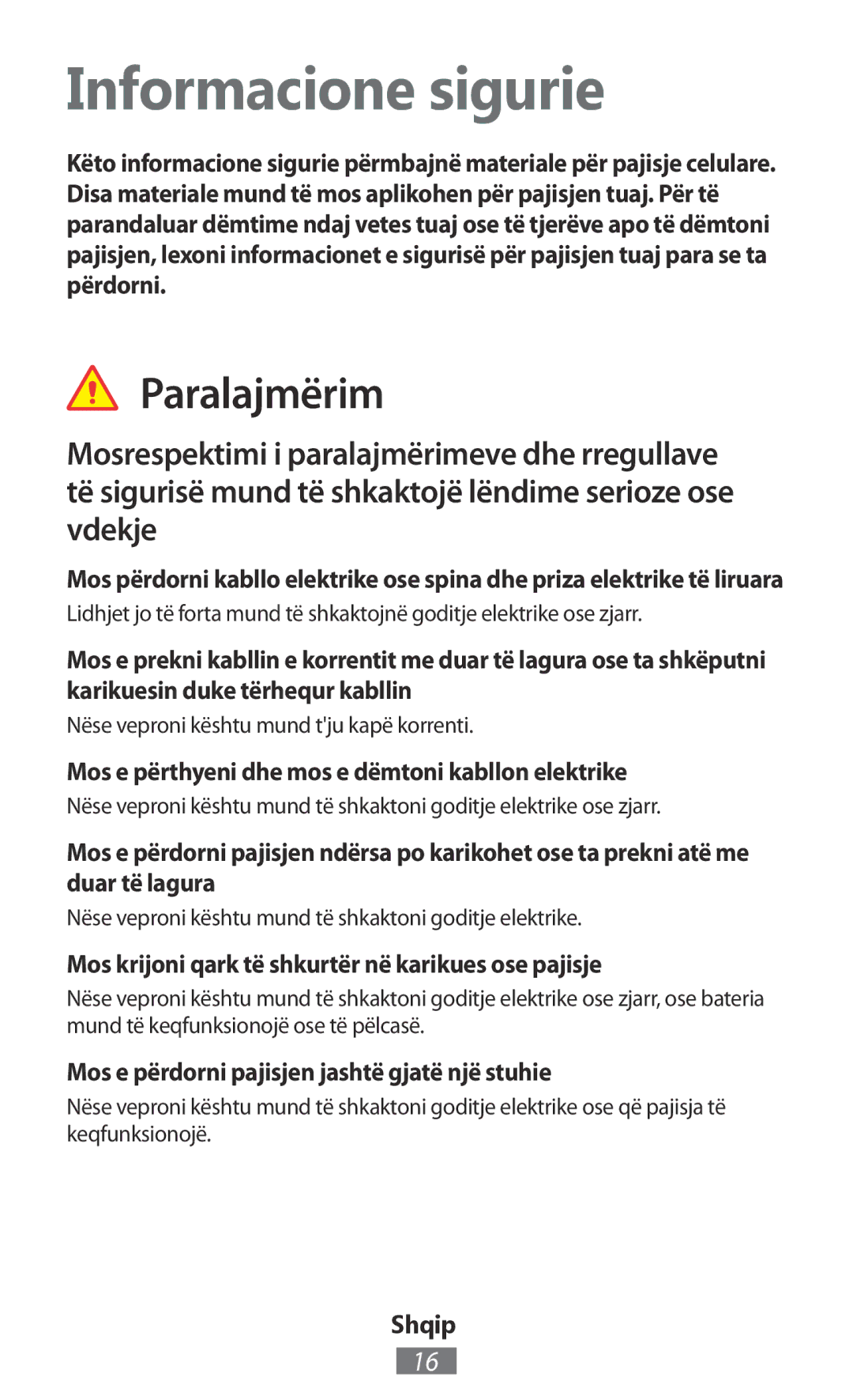 Samsung GT-S5303ZWAKSA, GT-N5100ZWAXEF, GT-N5110ZWEXEF, GT-N5110ZWAXEF manual Informacione sigurie, Paralajmërim, Shqip 