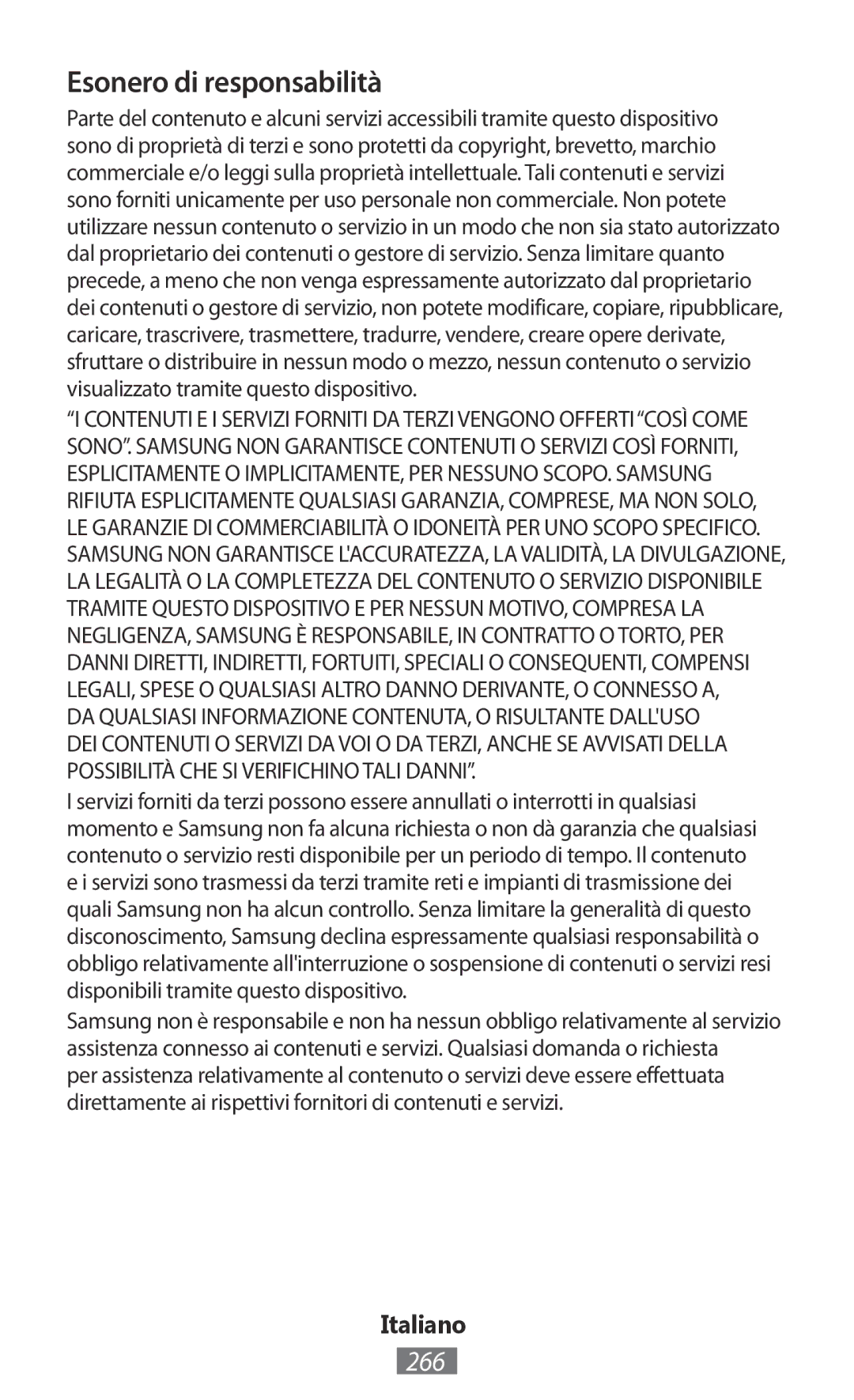 Samsung GT-N5100NKAMGF, GT-N5100ZWAXEF, GT-N5110ZWEXEF, GT-N5110ZWAXEF, GT-N5110NKAXEF manual Esonero di responsabilità, 266 