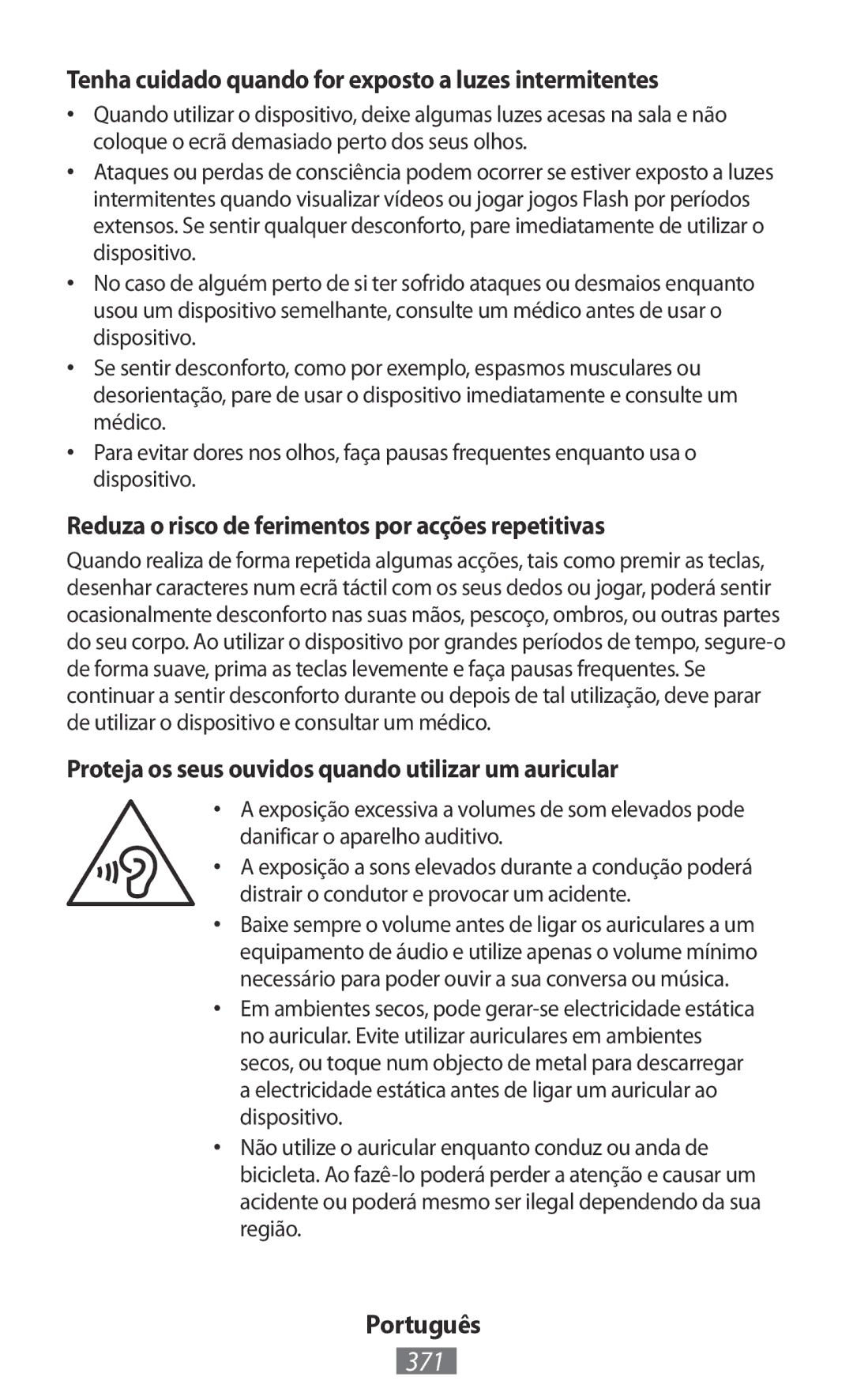 Samsung GT-N5100MKASER, GT-N5100ZWAXEF, GT-N5110ZWEXEF manual 371, Tenha cuidado quando for exposto a luzes intermitentes 