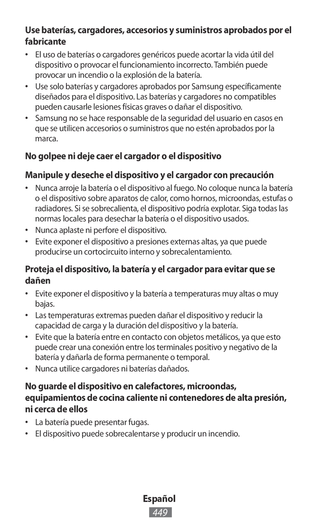 Samsung GT-N5100NKAKSA 449, No golpee ni deje caer el cargador o el dispositivo, Nunca aplaste ni perfore el dispositivo 