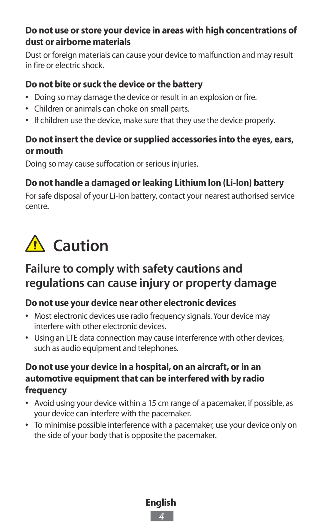 Samsung GT-N5100ZWAXEO Do not bite or suck the device or the battery, Do not use your device near other electronic devices 