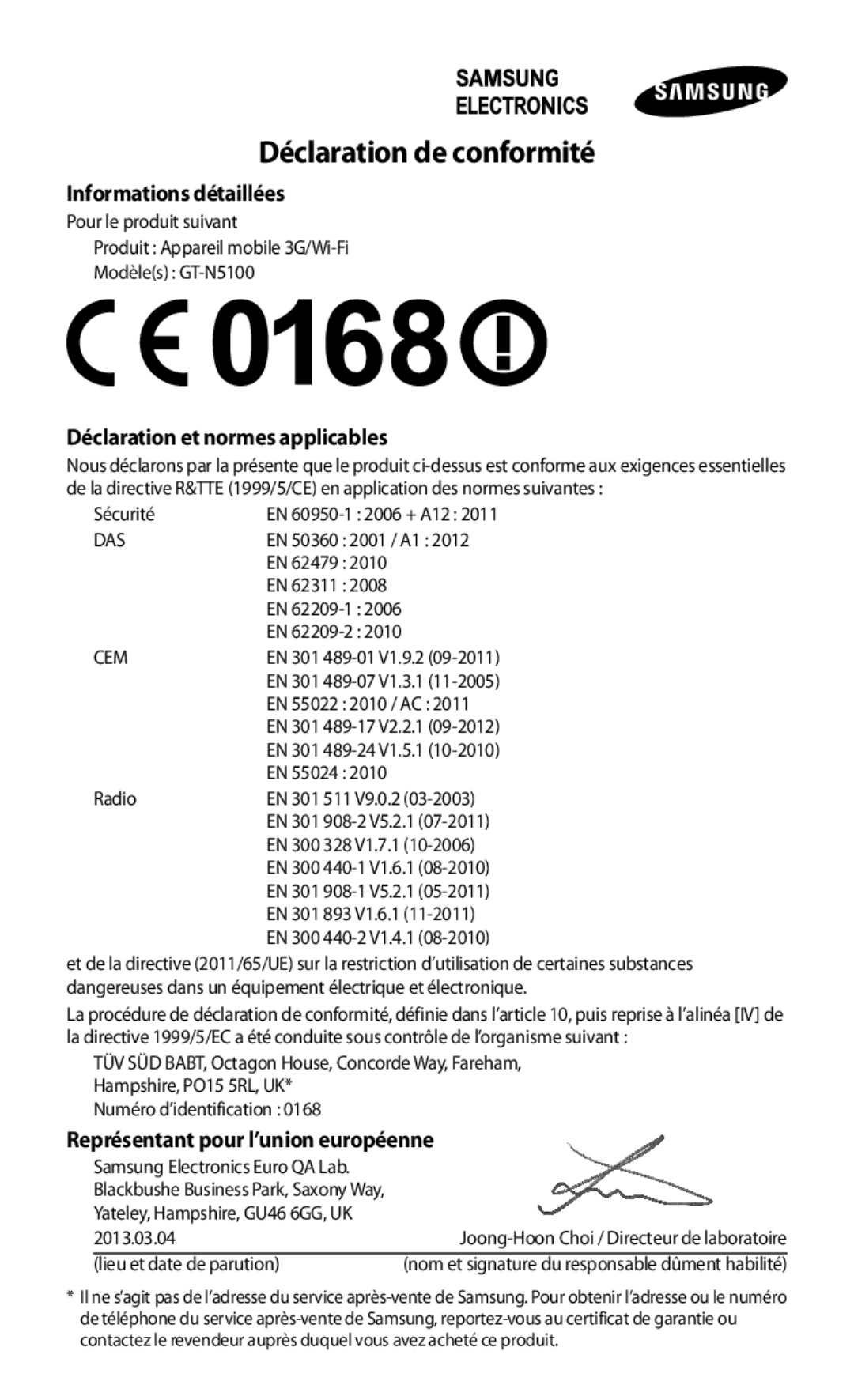 Samsung GT-N5100ZWAXEF manual Déclaration de conformité 