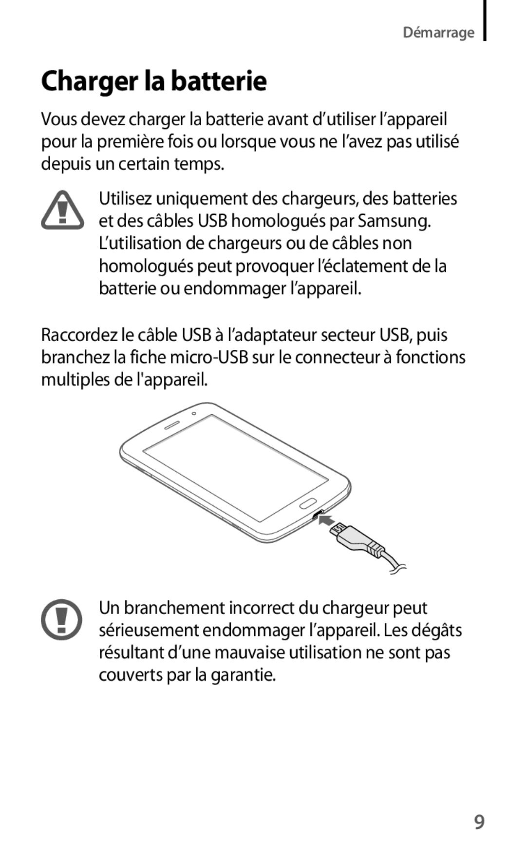 Samsung GT-N5100ZWAXEF manual Charger la batterie 