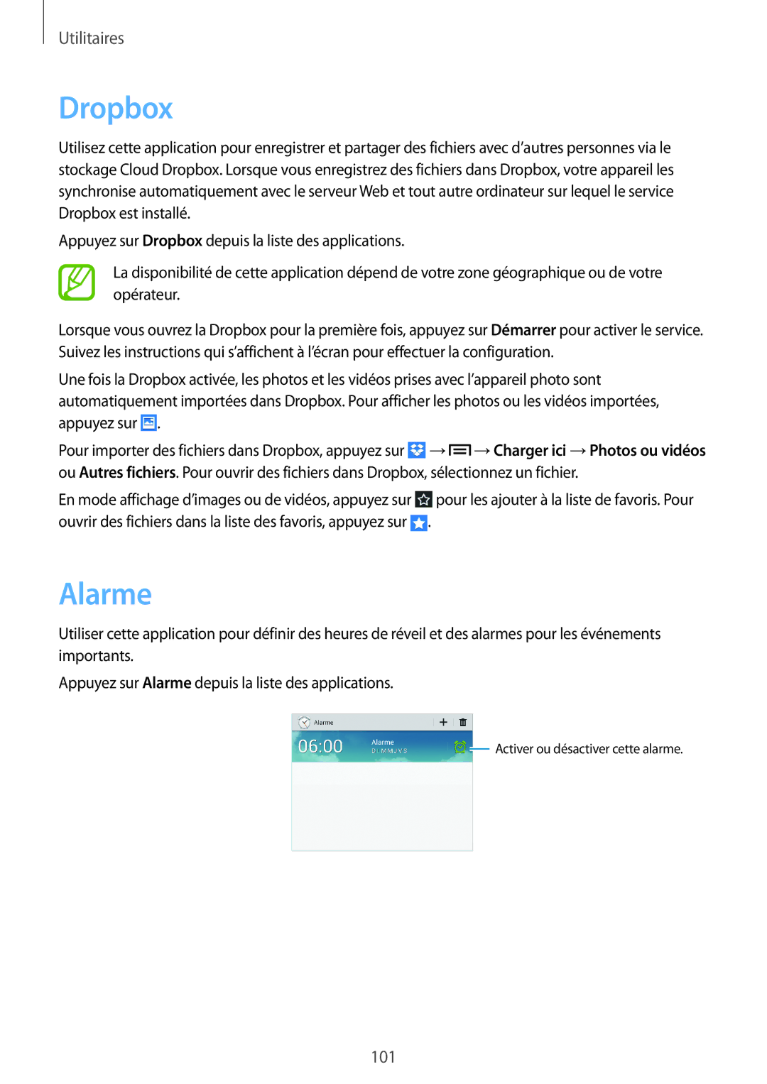 Samsung GT-N5100ZWAXEF manual Dropbox, Alarme 