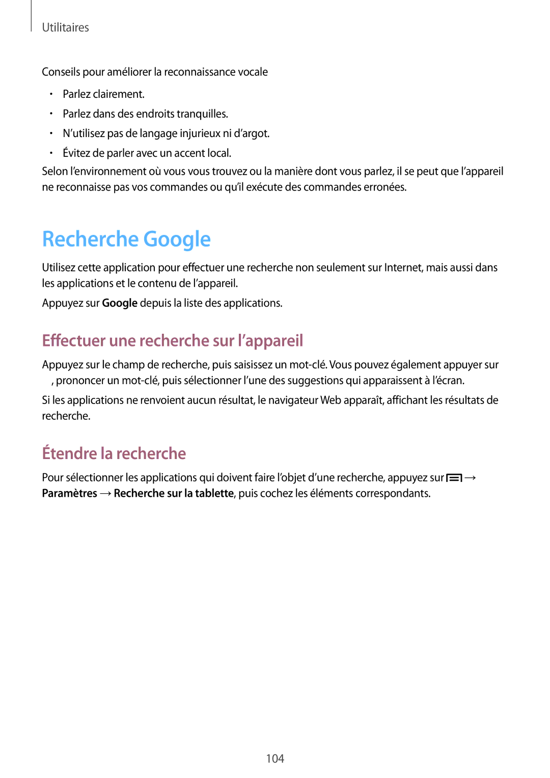 Samsung GT-N5100ZWAXEF manual Recherche Google, Effectuer une recherche sur l’appareil, Étendre la recherche 