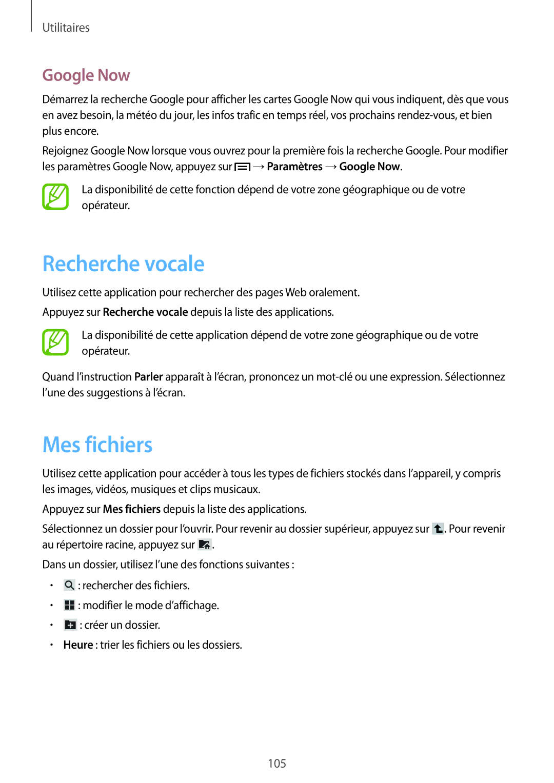 Samsung GT-N5100ZWAXEF manual Recherche vocale, Mes fichiers, Google Now 