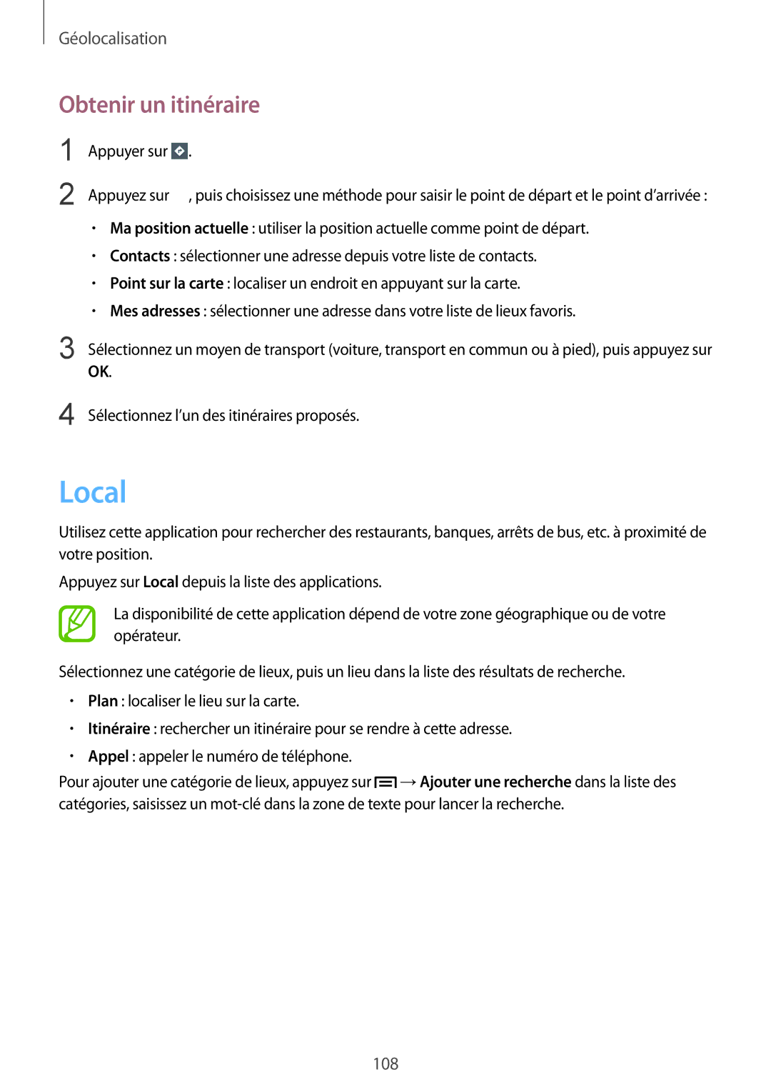 Samsung GT-N5100ZWAXEF manual Local, Obtenir un itinéraire 