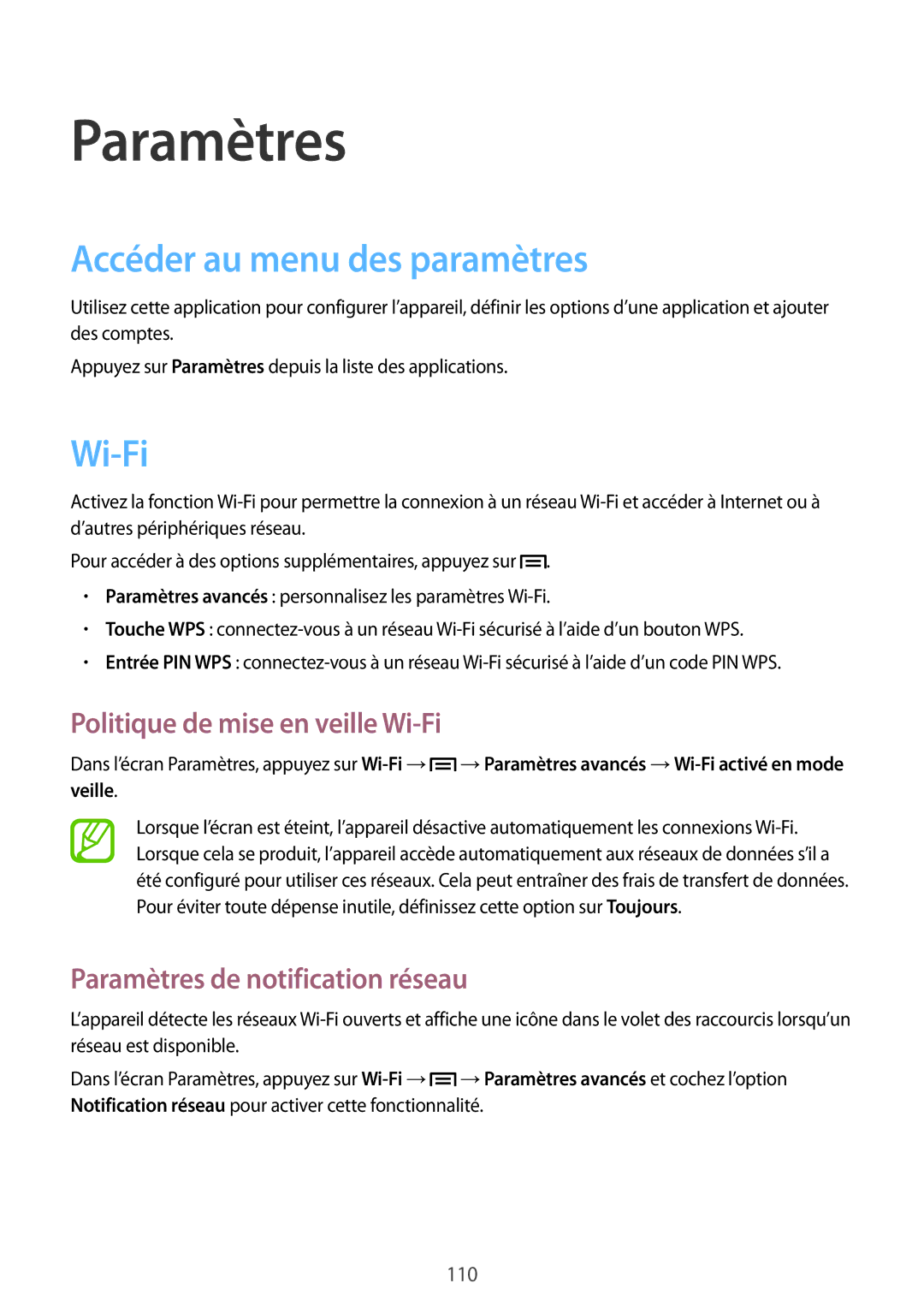 Samsung GT-N5100ZWAXEF manual Accéder au menu des paramètres, Politique de mise en veille Wi-Fi 