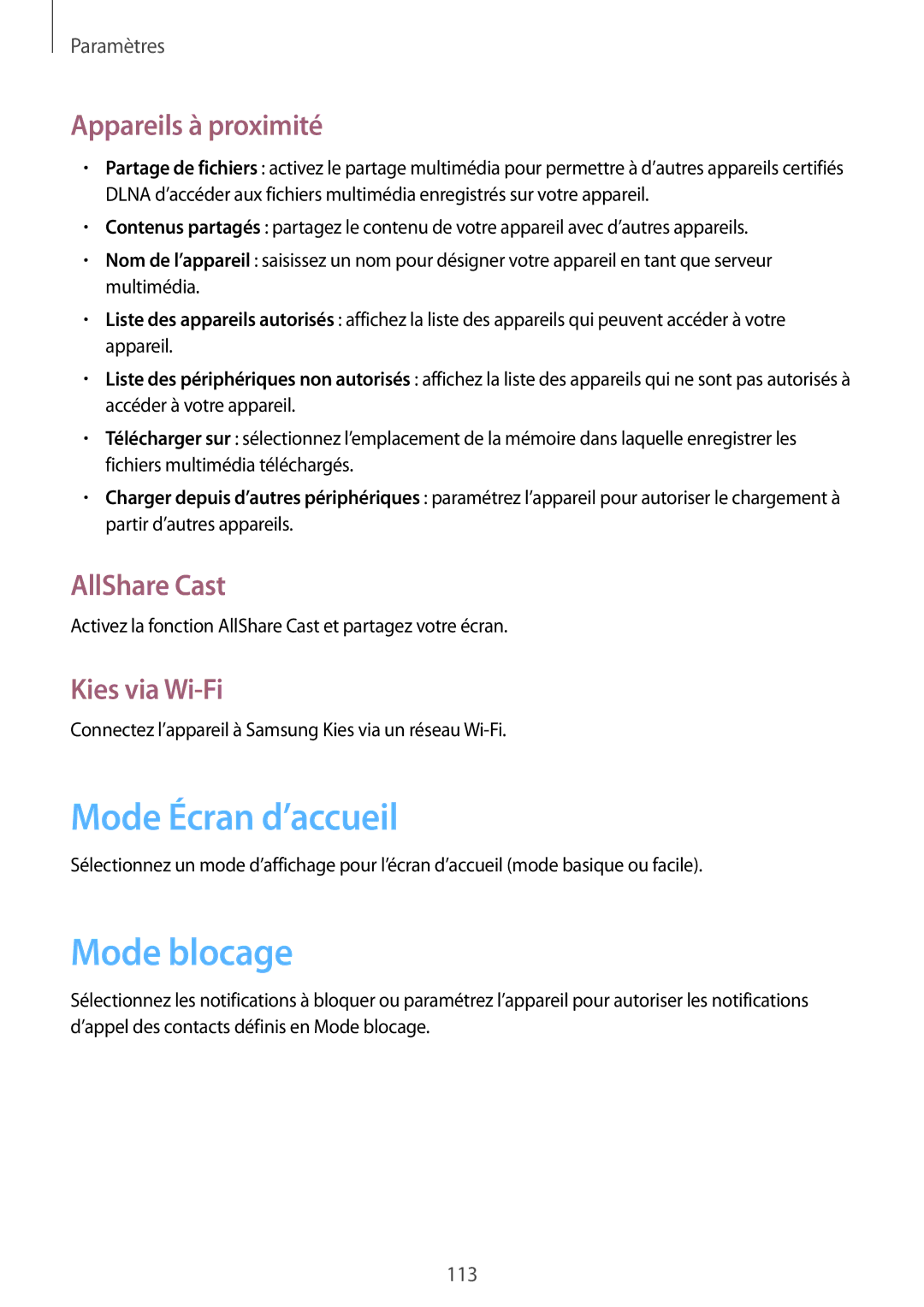 Samsung GT-N5100ZWAXEF manual Mode Écran d’accueil, Mode blocage, Appareils à proximité, AllShare Cast, Kies via Wi-Fi 