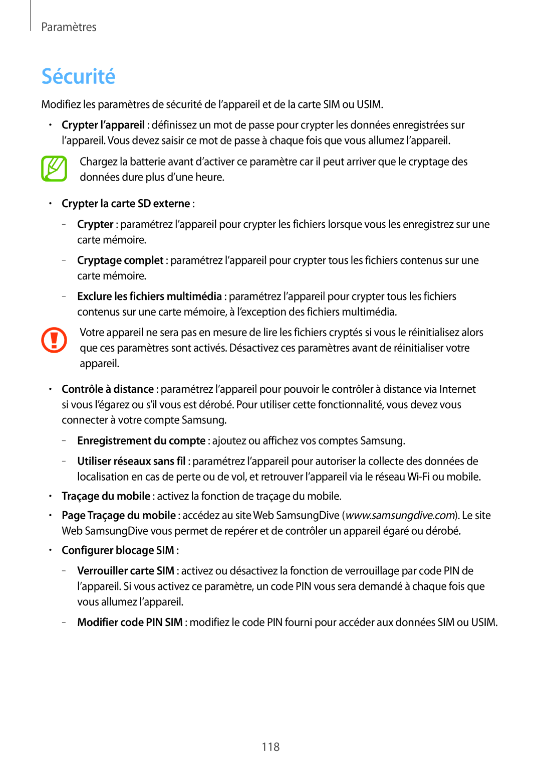 Samsung GT-N5100ZWAXEF manual Sécurité, Crypter la carte SD externe, Configurer blocage SIM 