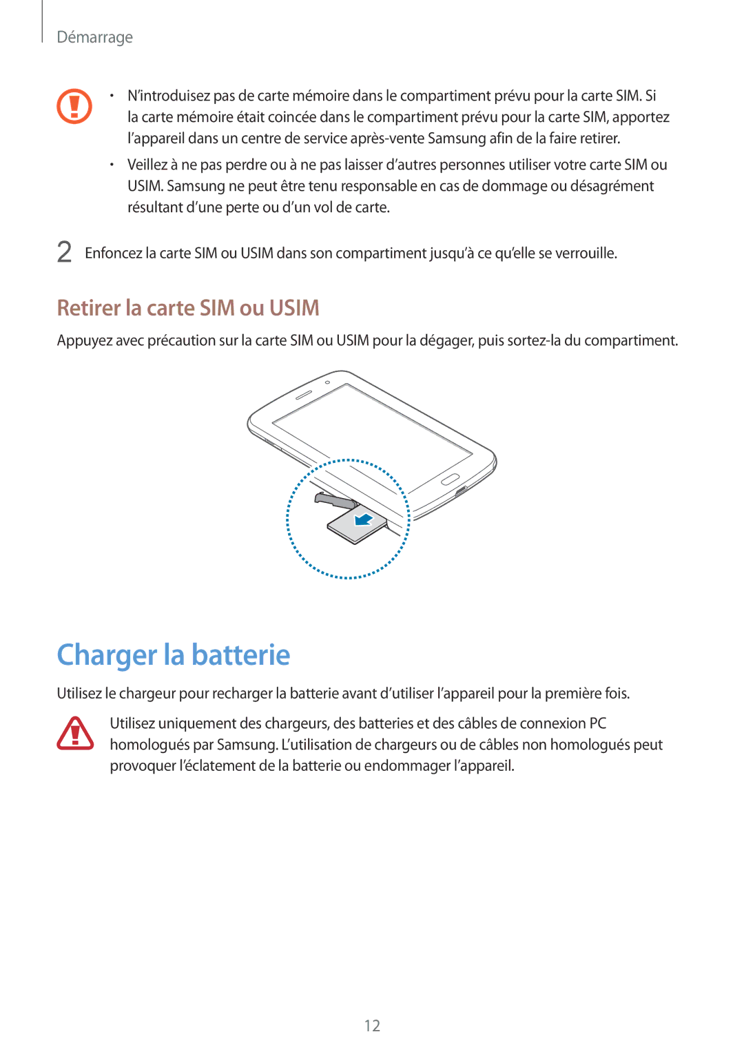 Samsung GT-N5100ZWAXEF manual Charger la batterie, Retirer la carte SIM ou Usim 