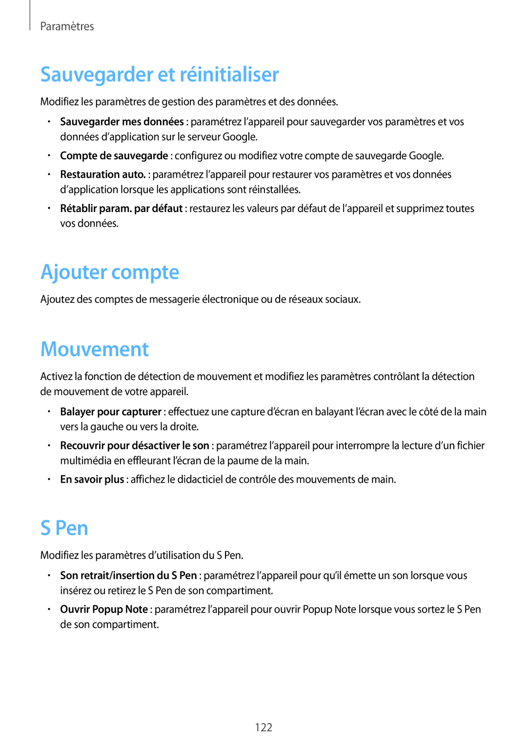 Samsung GT-N5100ZWAXEF manual Sauvegarder et réinitialiser, Ajouter compte, Mouvement 