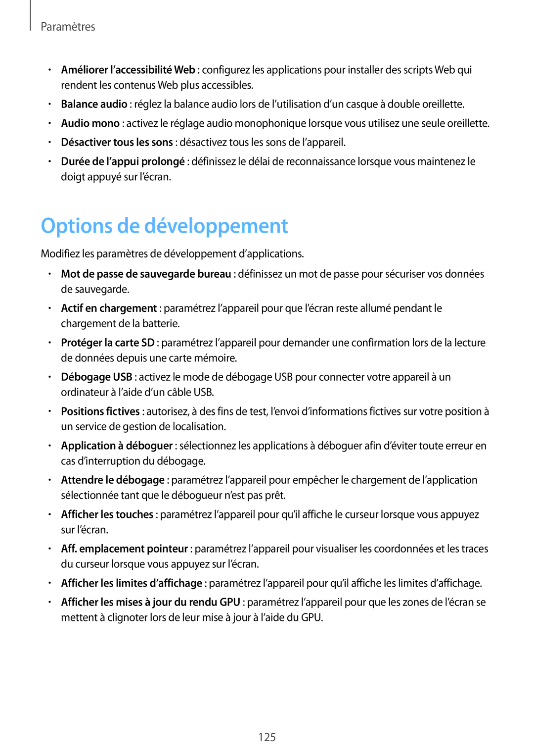 Samsung GT-N5100ZWAXEF manual Options de développement 