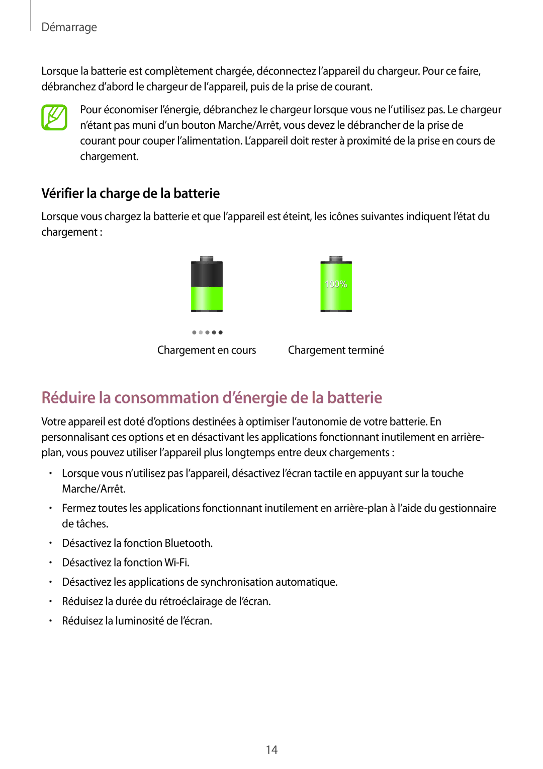 Samsung GT-N5100ZWAXEF manual Réduire la consommation d’énergie de la batterie, Vérifier la charge de la batterie 