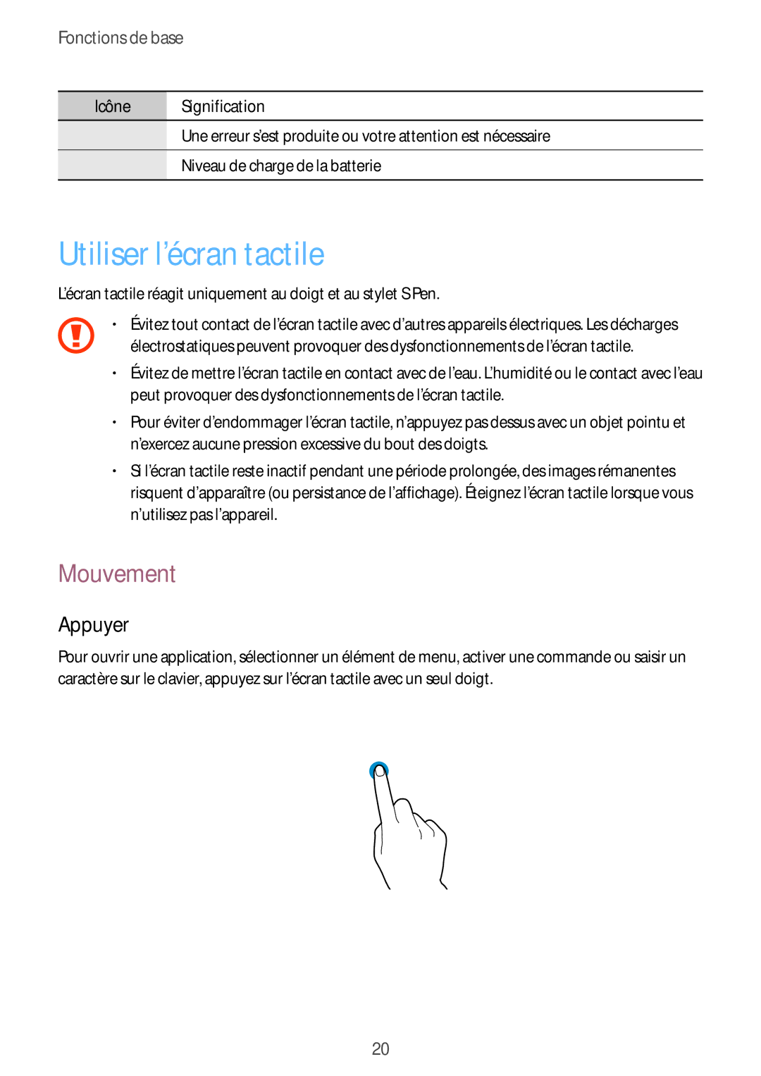 Samsung GT-N5100ZWAXEF manual Utiliser l’écran tactile, Mouvement, Appuyer 