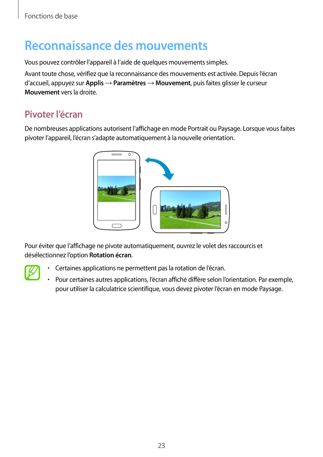 Samsung GT-N5100ZWAXEF manual Reconnaissance des mouvements, Pivoter l’écran 