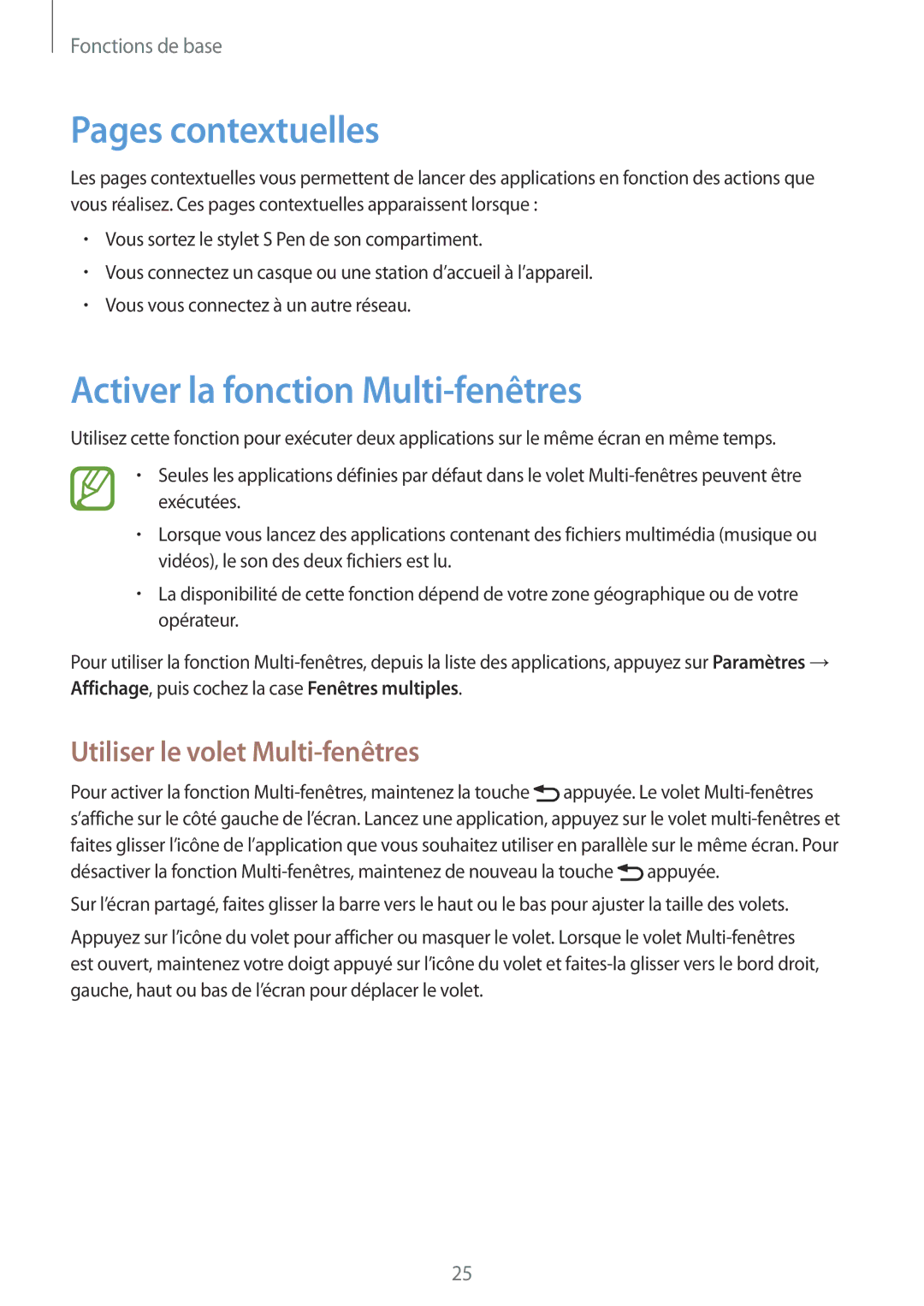 Samsung GT-N5100ZWAXEF manual Pages contextuelles, Activer la fonction Multi-fenêtres, Utiliser le volet Multi-fenêtres 