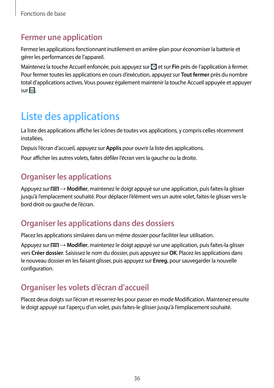 Samsung GT-N5100ZWAXEF manual Liste des applications, Fermer une application, Organiser les applications 